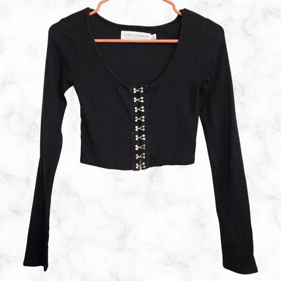 Gypsy Warrior Black Long-Sleeved Black Crop Top with Silver Hooks Size Small - Picture 1 of 2
